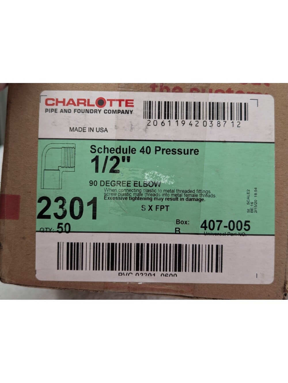 CHARLOTTE - 2301 - 407-005 - SCH 40  - 90° 1/2" ELBOW HUB X FPT - 50 Pack